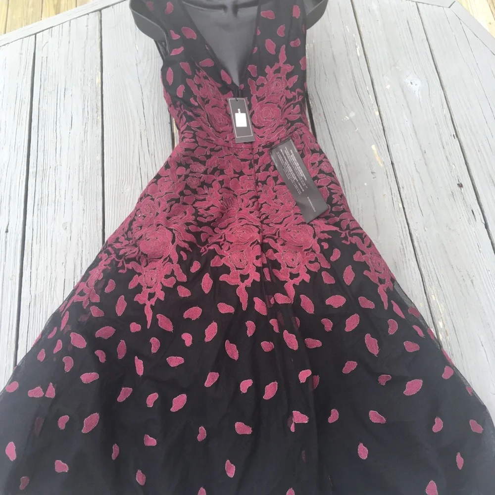 ASO BCBG dress cocktail wedding guest tulle holiday embroidery 4 new $398